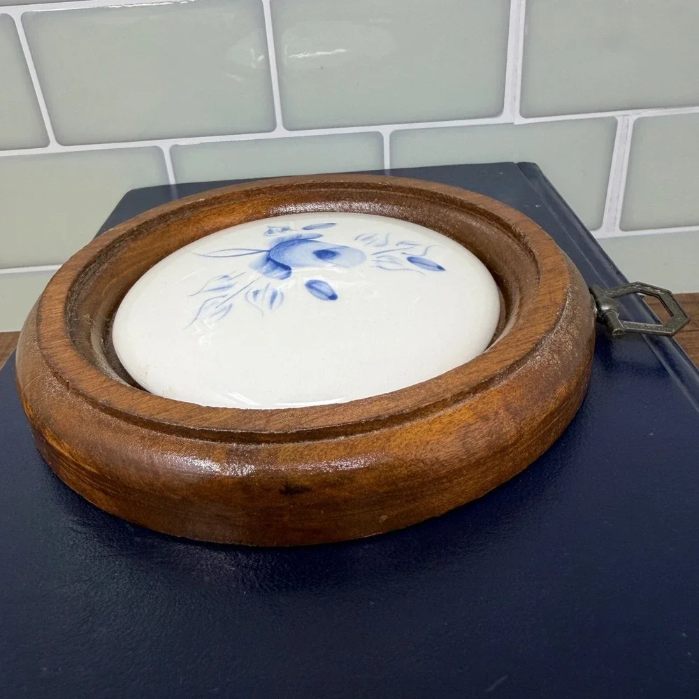 VTG Lasting Products Inc Hand Painted Blue Rose Ceramic & Wood Wall Plaque